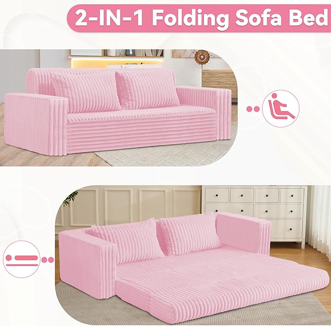 HABUTWAY 78" Loveseat Boneless Couch, 4-in-1 Convertible Sofa Bed, Plush Fur Folding Futon Sofa Bed Couches with 2 Pillows for Living Room, High-Density Foam Support, No Assembly Required, Pink