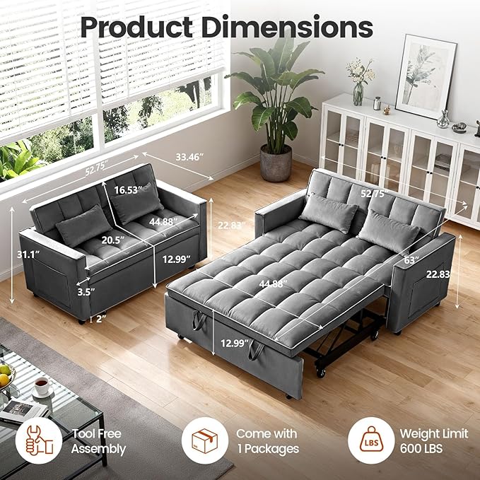 3 in 1 Convertible Sleeper Sofa Bed, Velvet Fabric Loveseat Sofa Bed with Adjustable Backrest & Large Side Pockets, Pull Out Couch for Small Spaces, Apartment, Living Room, Dark Gray