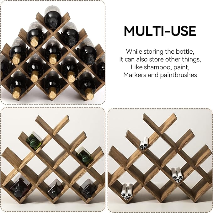 KIRIGEN 13-Bottle Wine Rack, 4-Tier Solid Wood Countertop Wine Holder, Brown Freestanding Bottle Storage Shelf for Kitchen, Bar, Cabinet, Pantry, XHJJ4-DBR