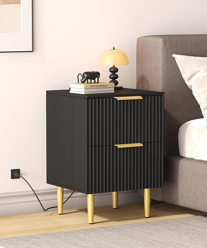 Akxomel Black Nightstand Set of 2, Fluted Night Stand with Charging Station, 13.8" D x 15" W x 23.2" H, 2 Drawers Modern Bedside Table with USB Ports and Outlets, Golden Side Table for Bedroom