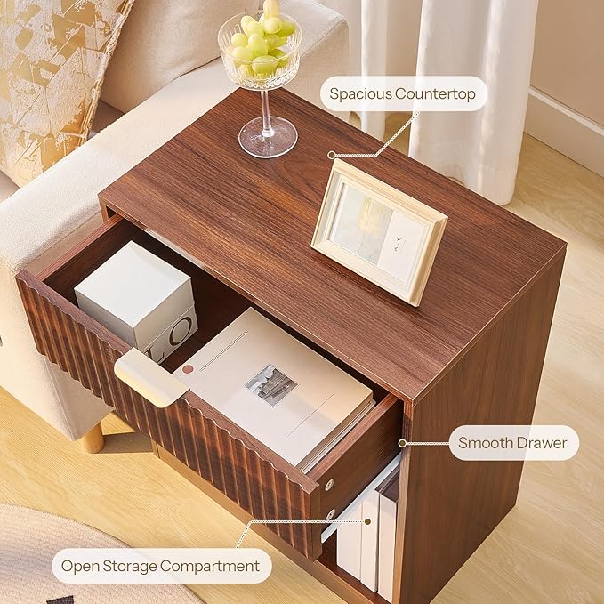 HOOBRO Fluted Nightstands Set of 2, Modern Bedside Tables with 1 Drawer and 1 Open Compartment, Wooden End Tables with Metal Handle, for Bedroom and Office, Walnut WL208BZP201