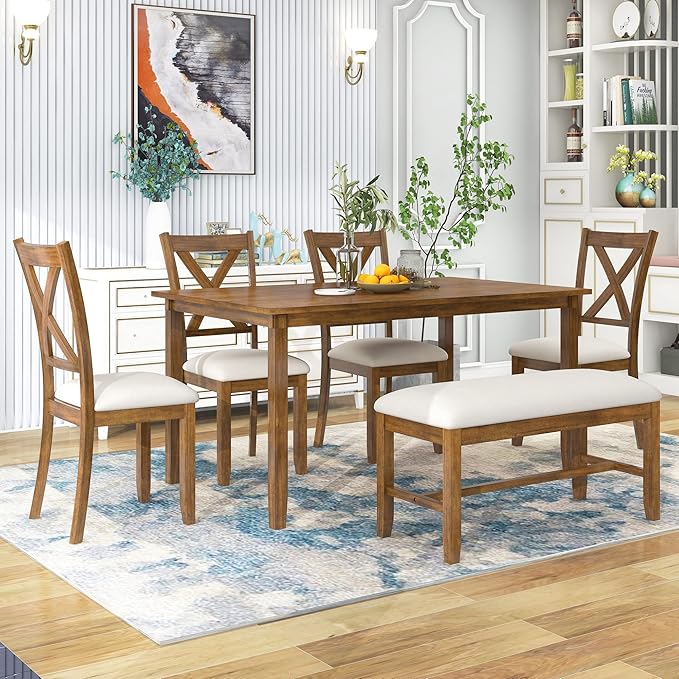 Merax 6-Piece Wooden Kitchen Dining Table Set with 4 Fabric Chairs and Bench, Family Furniture, Natural Cherry