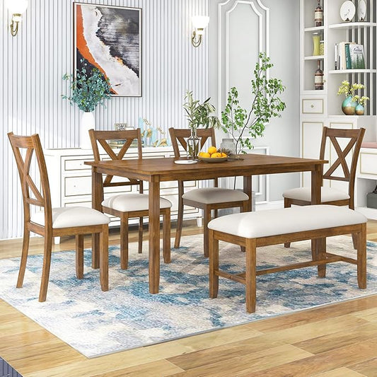 Merax 6-Piece Wooden Kitchen Dining Table Set with 4 Fabric Chairs and Bench, Family Furniture, Natural Cherry