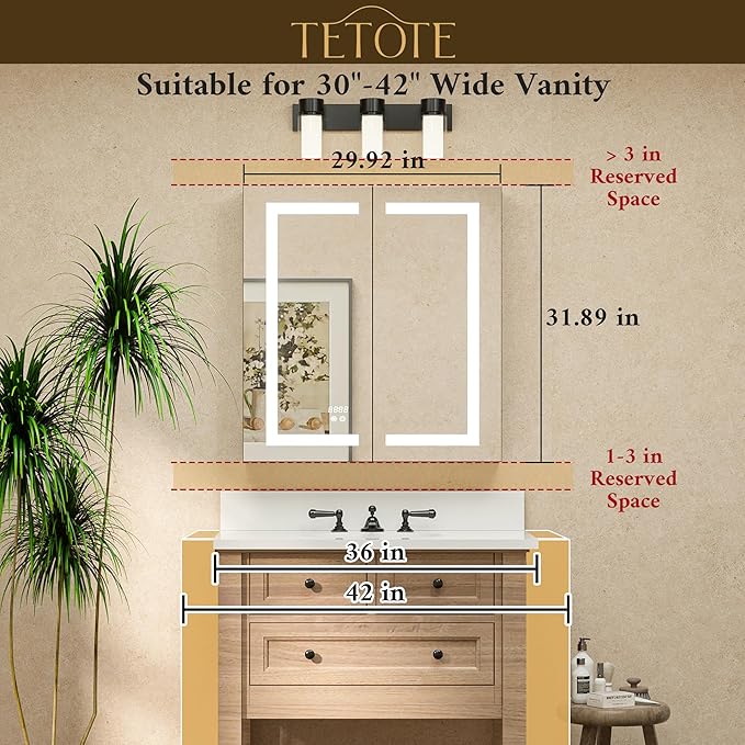 TETOTE 30 x 32 Lighted Medicine Cabinet Mirror for Bathroom with LED Lights, 2 Door Tempered Glass Recessed or Surface Mount Mirrored Cabinet, Outlets & USB, 3-Color Dimming, Defog, Adjustable Shelf