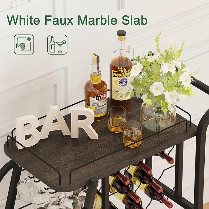 Rustic Bar Cart, 3 Tier Rolling Bar Carts for The Home, Industrial Home Serving Cart with Wine Glass Holder, Wood Metal Liquor Trolley, Mobile Beverage and Drink Carts (Walnut Brown)