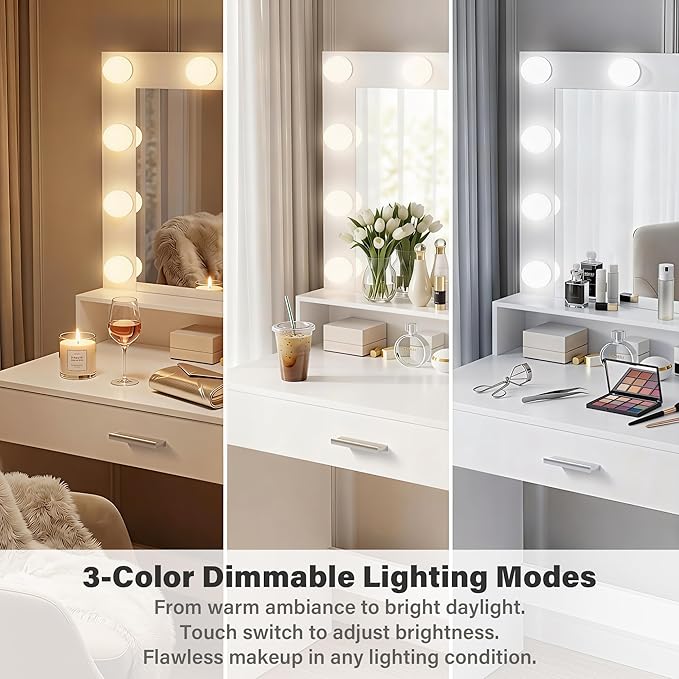 YESHOMY 39" Vanity Desk with Mirror & Lights, Makeup Vanity Table with Power Outlet & Storage Drawers, 3 Color LED Lighting, Dressing Table for Bedroom,Snow White