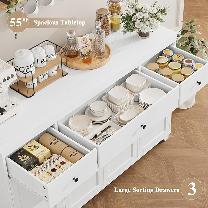 HIFIT 55" Large Kitchen Buffet Cabinet with Storage Drawers, Modern Sideboard Buffet Table Storage Cabinet with Doors and Shelves, Wood Coffee Bar Cabinet for Kitchen Dining Living Room, White