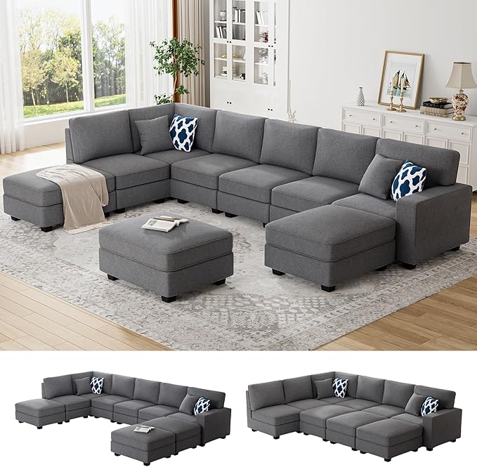 Legend Vansen Oversized Modular Sectional Sofa,U/L‑Shaped Reversible Couch with Ottoman,Deep Seat Plush Polyester Sofa for Living Room,9‑Seater,Dark Grey