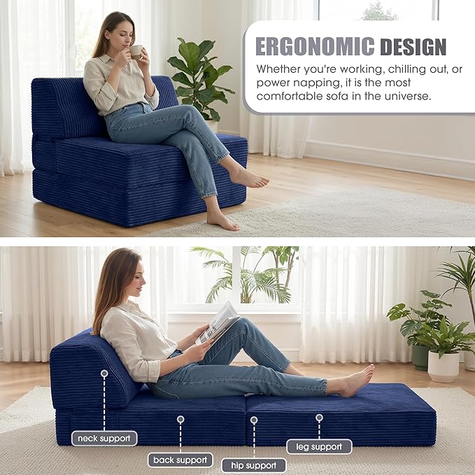 Kasunpul Folding Sofa Bed with Pillow, Memory Foam Fold Out Chair Bed, Convertible Sleeper Chair with Washable Cover, Futon Floor Couch for Living Room/Dorm/Guest Use/Home Office/Apartment, Navy Blue