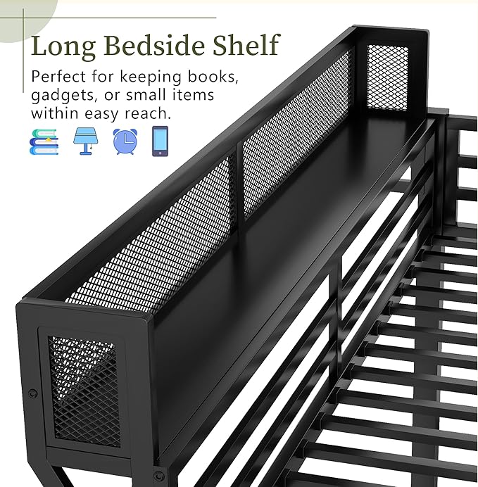Mirightone Twin Size Loft Bed with Stairs and Storage, Metal Loft Bed Frame with A Shelf and Large Under-Bed Space, Heavy-Duty Loft Beds for Kids Boys Girls Teens, Black