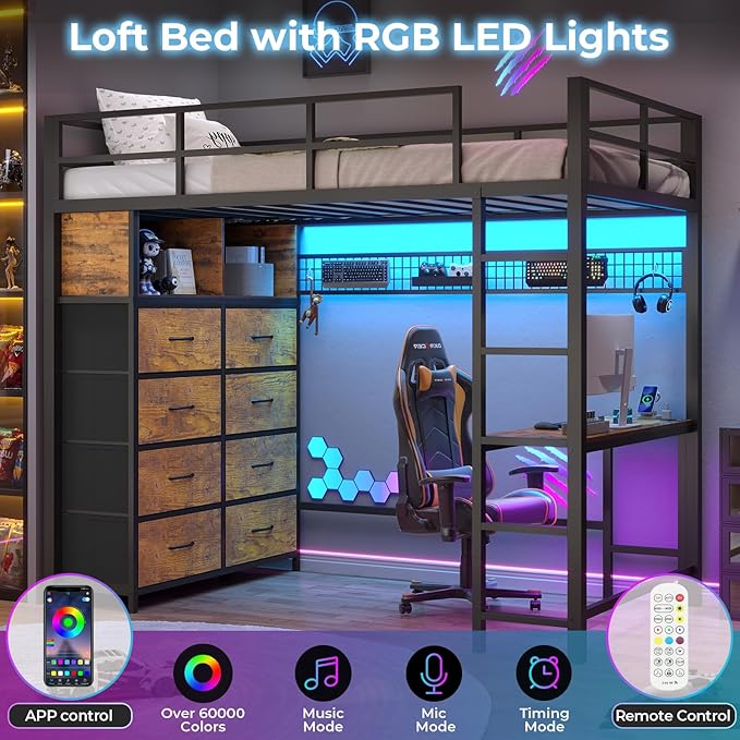BTHFST Twin Loft Bed with Desk & 8 Storage Drawers Tall Dresser, Metal Loft Bed with LED Lights & Charging Station, 2-Tier Storage Shelves, Stable & Sturdy, Noise Free, Rustic Brown and Black