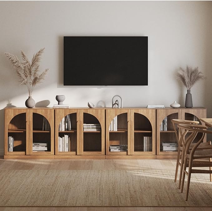 BELLEZE Bijou Set of 4 Wall-to-Wall Storage Cabinets (126" Wide) - Grand Sideboard Buffet System w/8 Arched Glass Doors - Massive Entertainment Center & Display Console for Living Room, Office, Camel