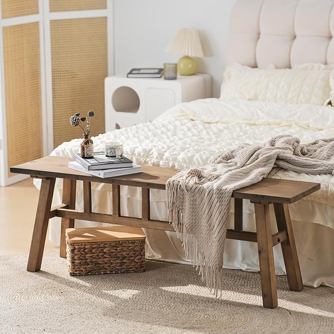 Wnutrees 51.2" Solid Wood Bench, Farmhouse Rustic Entryway Bench Seat for Dining Room, Hallway, End of Bed, Handcrafted Finish, Natural