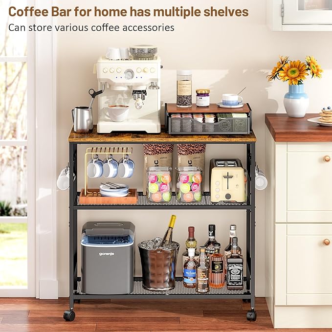 3 Tier Rolling Kitchen Microwave Cart, 33 Inch Microwave Table Stand with Adjustable Shelf, Kitchen Storage Island Utility Cart on Lockable Wheels, Bakers Rack Coffee Bar for Living Room, Office