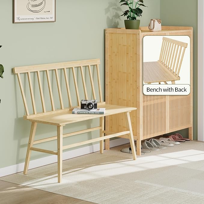 APRTAT Bamboo Entryway Bench, Farmhouse Dining Bench with Spindle Back 3 Person Indoor Bench Chair Wood Windsor Bench Durable Easy Assembly for Foyer Balcony Hallway Living Room (Natural)