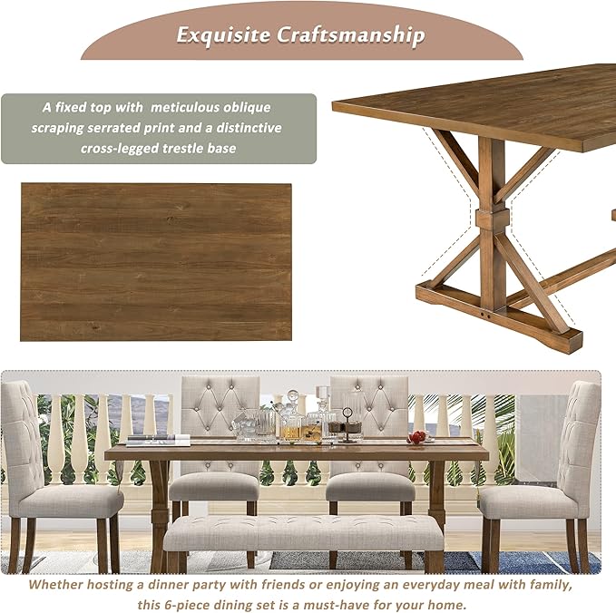 Harper & Bright Designs 6-Piece Farmhouse Dining Table Set 72" Wood Rectangular Table, 4 Upholstered Chairs with Bench (Walnut)