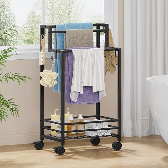 Gewudraw Free Standing Towel Rack, Pool Towel Rack, 4-Tier Blanket Stand with Shelf, Bathroom Towel Drying Rack with 4 Hooks, Rust-Resistant Drying Rack Indoor/Outdoor, Black