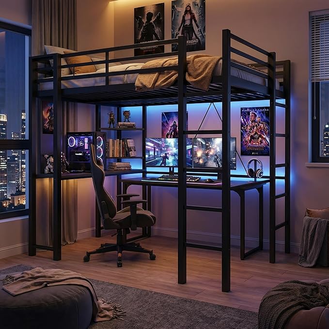 SUNLEI Loft Bed with Desk, Metal Loft Bed Full Size with 2 Built-in Ladders, Space-Saving Bed Frame, with Safety Guard, Noise Free for Small Bedroom, (Full Size) Black