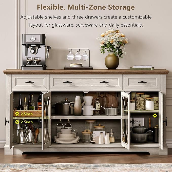 Einhomn 64" Farmhouse Sideboard Cabinet with 3 Drawers and 4 Doors, Buffet Cabinet with Adjustable Shelves and Curved Glass Doors, Large Storage Cabinet for Dining Room, Living Room, Kitchen,White