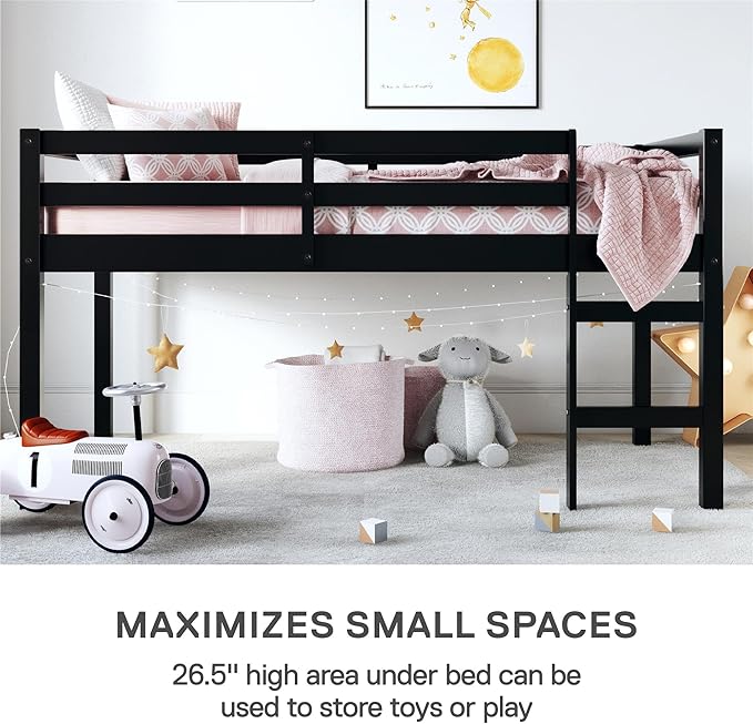 DHP Milton Twin Loft Bed with Safety Guard Rail, Black, Space Saving Junior Size, Pine Wood