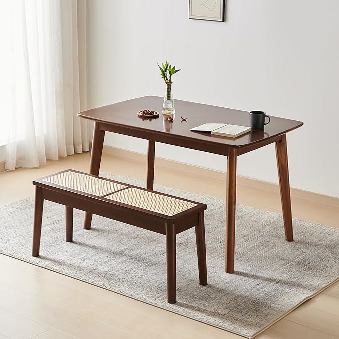 40" Wooden Dining Bench with Hand Woven Rattan Seat,Solid Wood Bench for Entryway,Living Room,Kitchen and Bedroom（Walnut，18" H