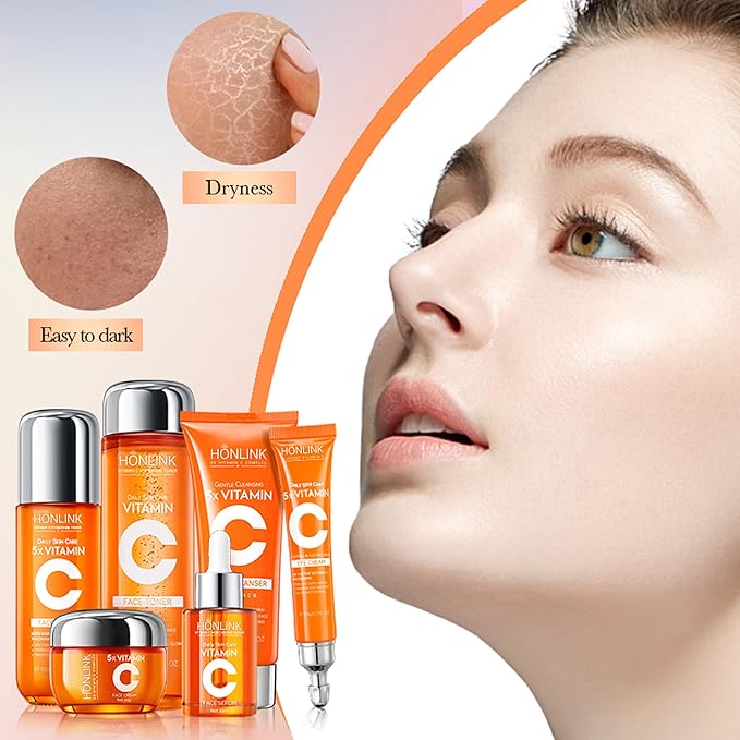 6-Piece Hydrating Skincare Set with Vitamin C & Niacinamide, Face Care Kit Includes Toner, Serum, Cleanser, Moisturizer, Eye Cream & Body Lotion | Valentine’s Day Gift for Women
