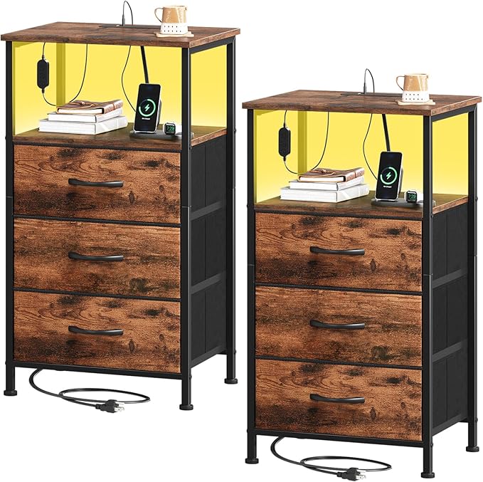 Somdot Nightstands Set of 2,Bedside Tables with Charging Station and LED Lights,Night Stand with 3 Drawers, End Tables with Open Shelf for Small Spaces Bedroom Entryway Hallway, Wood Grain Print