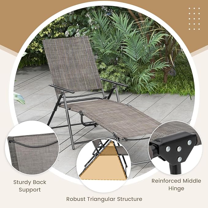 Giantex Lounge Chair Outdoor, Tanning Chair with 6 Adjustable Backrest, 2-Level Footrest, Folding Sunbathing Lounger for Patio, Poolside, Yard, Chaise Lounge Chair, Beach Chair