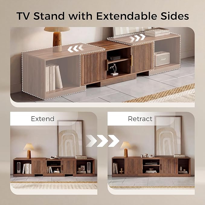 IRONCK TV Stand for 55-80 Inches TVs, 63"-84.6" Adjustable Length, Extendable Corner Entertainment Center with Storage Cabinets, Fluted Doors Modern Media Console, Ideal for Living Room, Walnut
