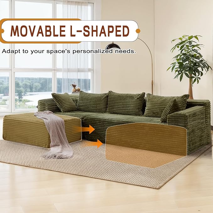 Korser 110" L-Shaped Modular Sectional Sofa with Chaise, Boneless Comfy Corduroy Fluffy Couch with Deep Seat and Side Pockets, Flexible Module Combination for Living Room, No Assembly, Side Pockets
