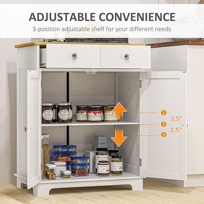 HOMCOM Sideboard Buffet Cabinet with Solid Wood Countertop, Modern Kitchen Storage Cabinet, Coffee Bar Cabinet with 2 Drawers, Doors and Adjustable Shelf, Distressed White