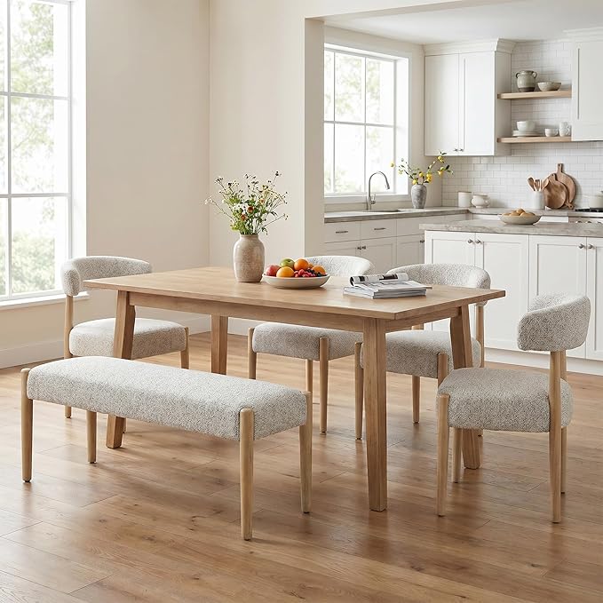 VKNOW Upholstered Dining Room Set for 4, Mid-Century Modern Dining Chairs Set of 2 and Dining Bench with Rubberwood Legs, for Dining Room, Living Room, Kitchen, Heathered Off-White