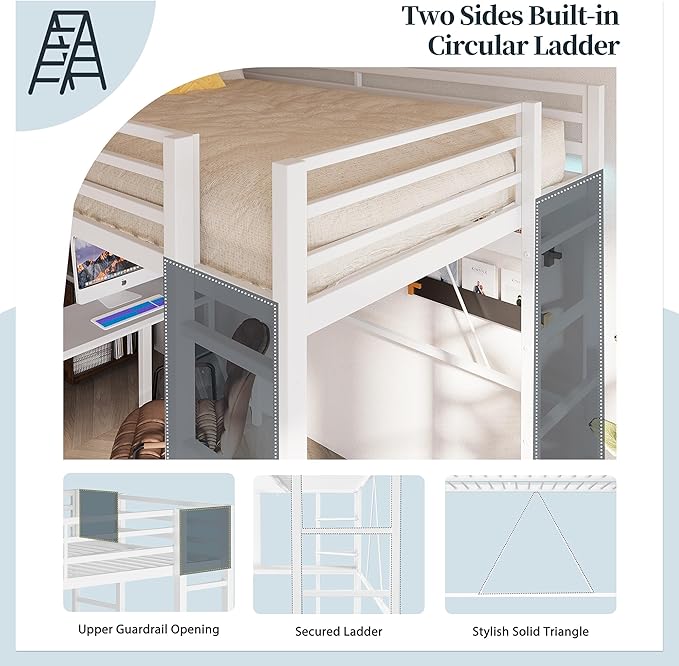 SUNLEI Loft Bed Full Size with Desk and Safety Guard Rail, Full Size Metal Bed Frame with Double Layer Shelves for Storage, 2 Security Ladders No Box Spring Needed, Snowy White