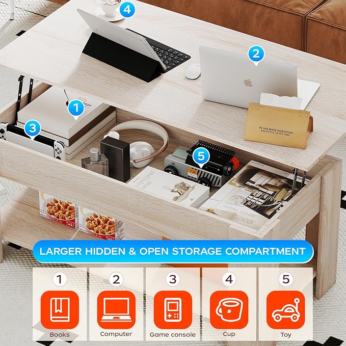 FDW Lift Top Coffee Table with Lift Tabletop Hidden Compartment and Storage Shelf Wooden Living Room Table for Home Reception Room Office,Nature