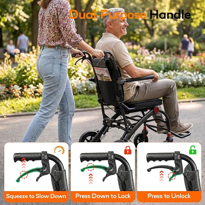 SOFTFISH Transport Wheelchair with Ergonomic Seat & Pull Rod, 1s Foot-fold Wheelchairs for Adults with Foldable Armrest & Footrest, Carbon Fiber Aluminum Frame Travel Transport Chair for Seniors