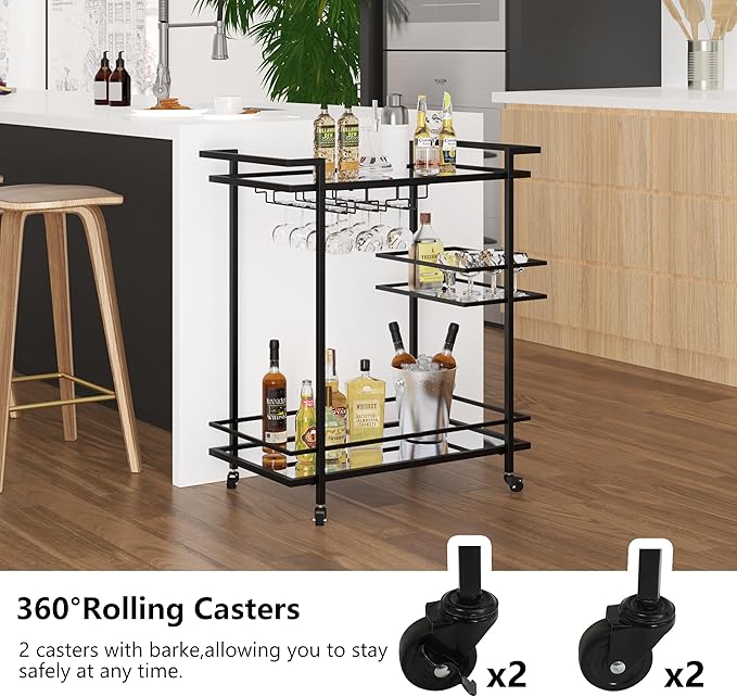 Black Bar Cart, 2-Tier Glass Shelves Rolling Serving Cart with Wheels, Modern Mobile Home Bar Trolley for Kitchen, Living Room, and Dining Room
