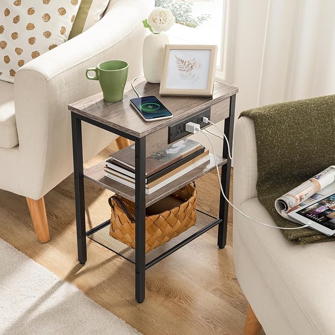 HOOBRO Side Table with Charging Station and USB Port, Small End Table for Small Space, 3-Tier Nightstand with Adjustable Shelf, for Living Room, Bedroom, Greige and Black BG112BZ01