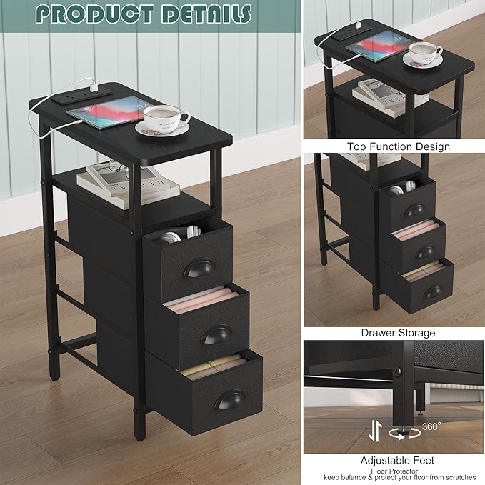 sthmec End Table with Charging Station,LED Side Tables with USB Ports and Outlets,Skinny Bedside Tables with 3 Drawers,Small Tabls Nightstands for Small Space,Slim Sofa Table for Livingroom,Black