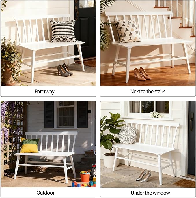 Bamboo Dining Bench, Entryway Bench with Spindle Back Farmhouse Wood Windsor for Foyer Balcony Living Room (White)