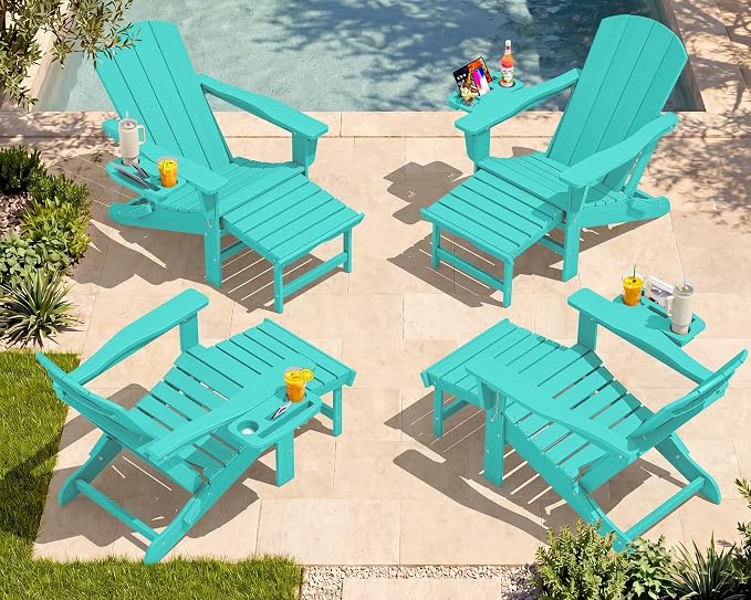 SERWALL Folding Adjustable Adirondack Chairs with Footrest Set of 4, HDPE Outdoor Chair with 4-in-1 Cup Holders, All Weather Adirondack Chair with Ottoman, Aruba