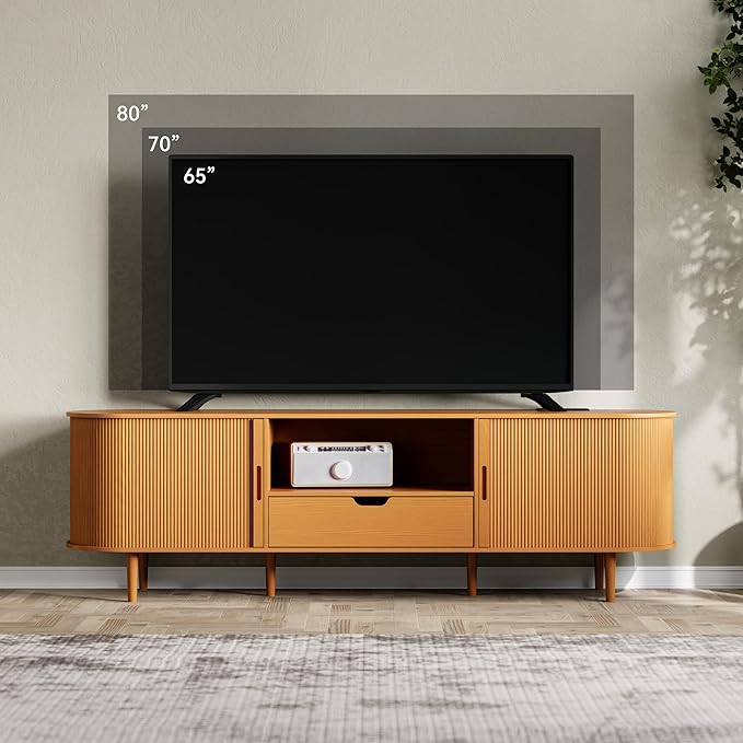 DHH 71" Fluted TV Stand with Power Outlet for TVs up to 80",TV Console with Adjustable Shelves and Sliding Door,Mid Century Modern Entertainment Center for Living Room,Bedroom (Yellow Walnut, 71Inch)