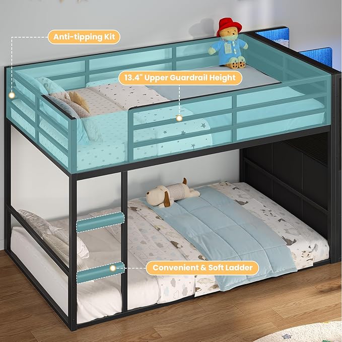 BTHFST Twin Over Twin Bunk Bed with Storage Drawers & Open Storage Shleves with LED Lights, Metal Black Low Bunk Bed Safety Ladder and 13.4" H Guardrail, Space Saving