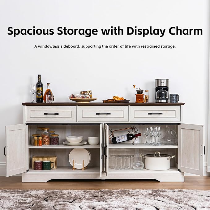 66" Large Sideboard Buffet Cabinet with Storage, Farmhouse Buffet Table Coffee Bar Wine Bar Kitchen Storage Cabinet with Drawers for Dining Room, Living Room, White & Walnut