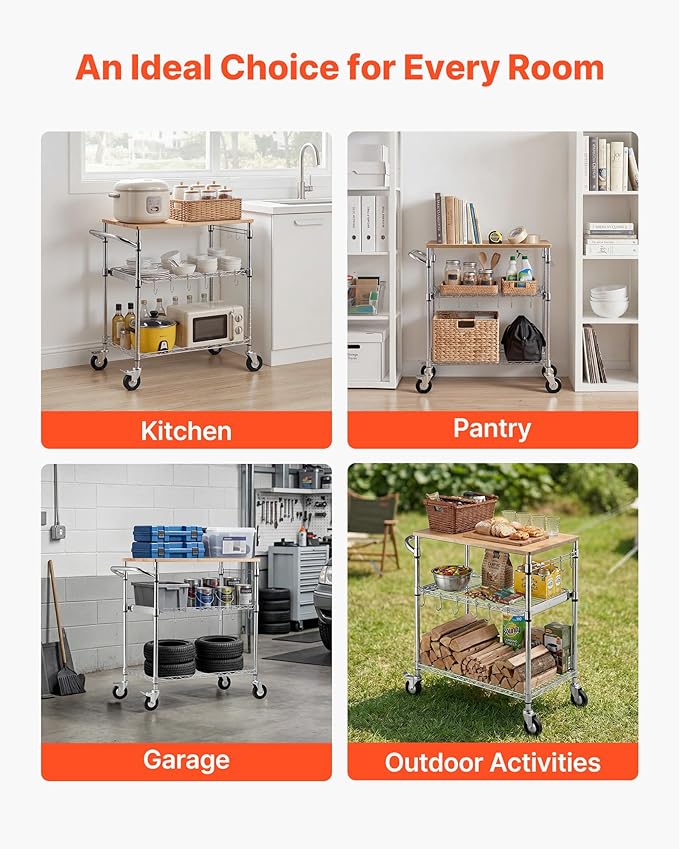 VEVOR Kitchen Utility Cart, 3 Tier Heavy Duty Adjustable Wire Storage Rack with Wood Tabletop and Handle Bar, Rolling Portable Service Trolley on Wheels, 661 lbs Steel Work Table, 30x18x36 in