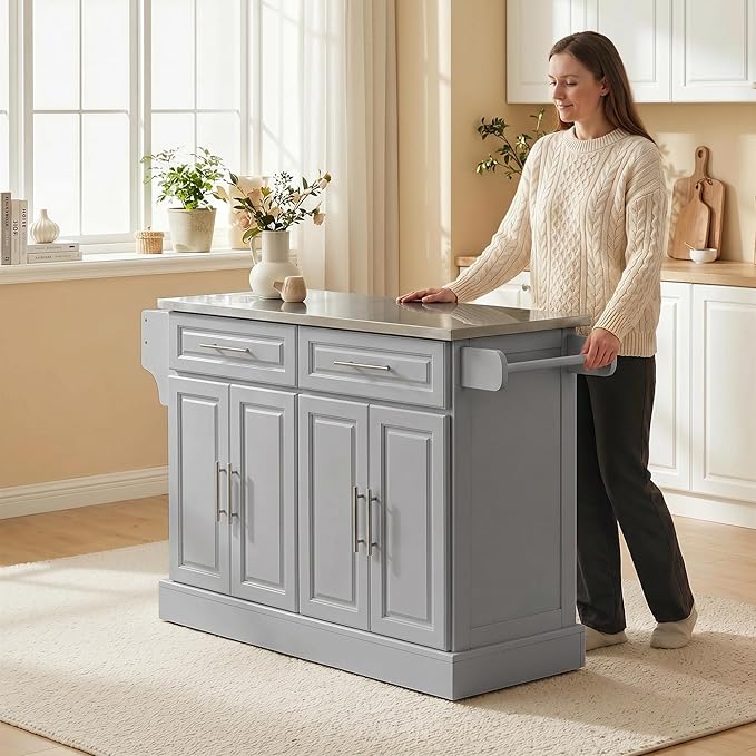 HOMCOM Rolling Kitchen Island Cart with 47" Stainless Steel Top, Portable Island Table for Kitchen with Wheels, Adjustable Shelves, 2 Drawers, Spice, Knife and Towel Rack, Gray