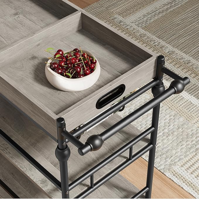 3-Tier Bar Cart with Wheels, Mobile Rolling Beverage Cart with Wine Rack, Glass Holder & Removable Top Tray, Serving Cart, Retro Trolley for Kitchen, Dining Room, Living Room, 35.4" x 15.7" x 34.1"