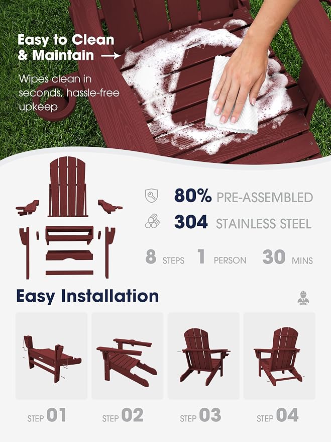 KINGYES Folding Adjustable Adirondack Chair with Ottoman & 2 Cup Holders, HDPE Reclining Adirondack Chair with Footrest, Red