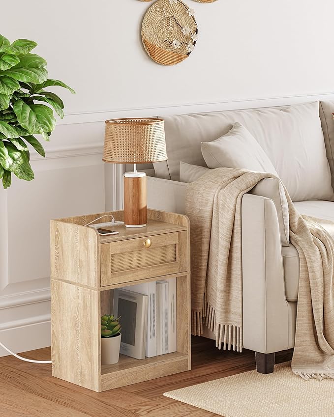CHOEZON Rattan Nightstands Set of 2 with Charging Station, Boho Nightstand, Rattan Bedside Tables with Drawer, Storage Side Table with 2 USB Ports, Bedroom, Natural MBZ01UP2WO