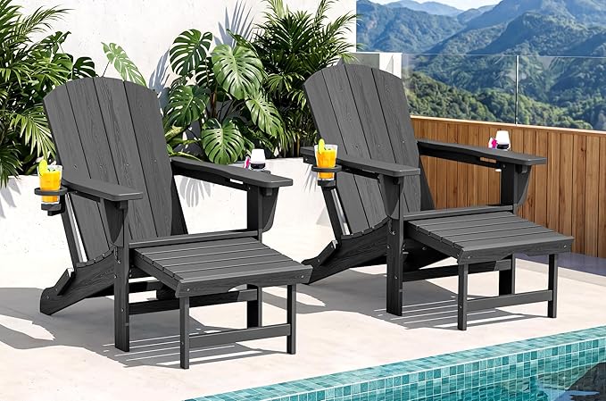 SERWALL Folding Adjustable Adirondack Chairs with Footrest Set of 2, HDPE Outdoor Chair with Dual Cup Holders, All Weather Adirondack Chair with Ottoman, Gray