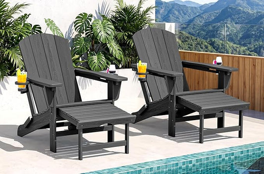 SERWALL Folding Adjustable Adirondack Chairs with Footrest Set of 2, HDPE Outdoor Chair with Dual Cup Holders, All Weather Adirondack Chair with Ottoman, Gray